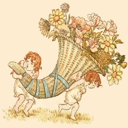 2 Beautiful angels enjoying a Cornucopia bouquet of flowers.